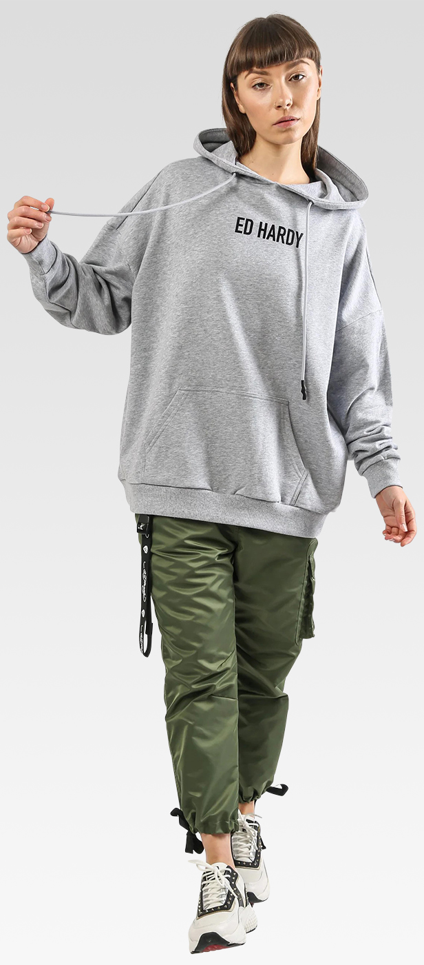 A lady in a grey hoodie