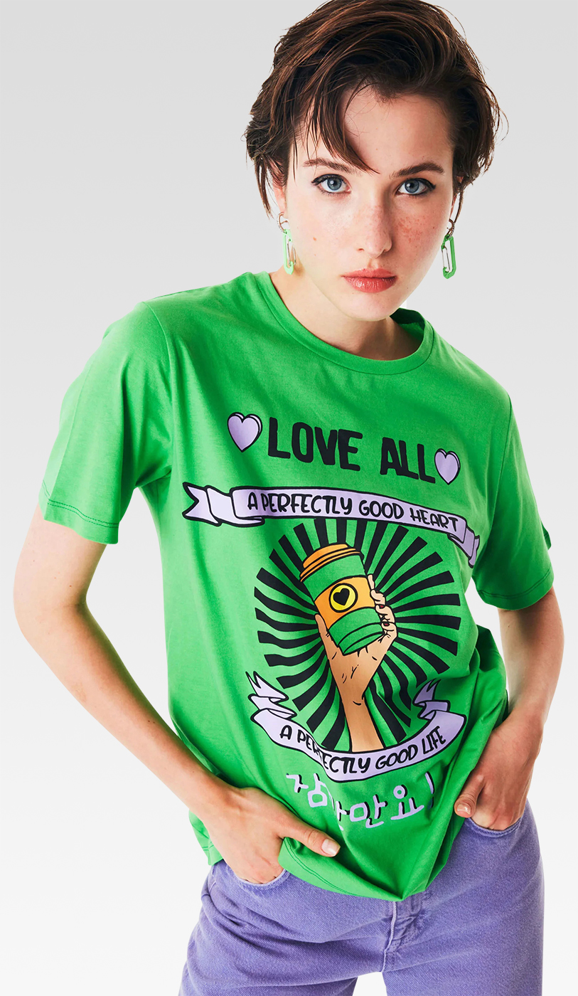 a young lady in a green t-shirt